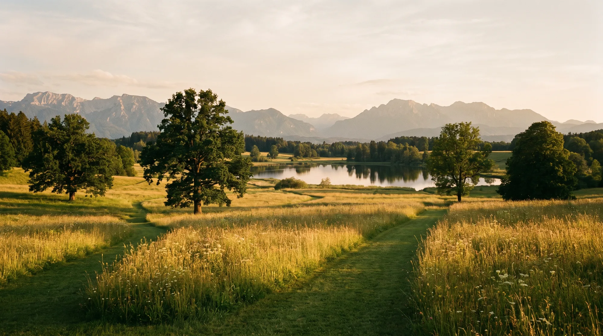 Die Wiesen eines Landguts am Tegernsee im Abendlicht