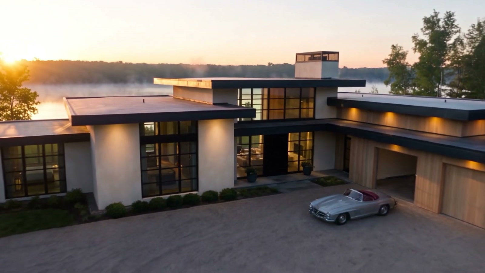 Das Garagentor der Villa Riverside öffnet sich und gibt zwei Wagen frei