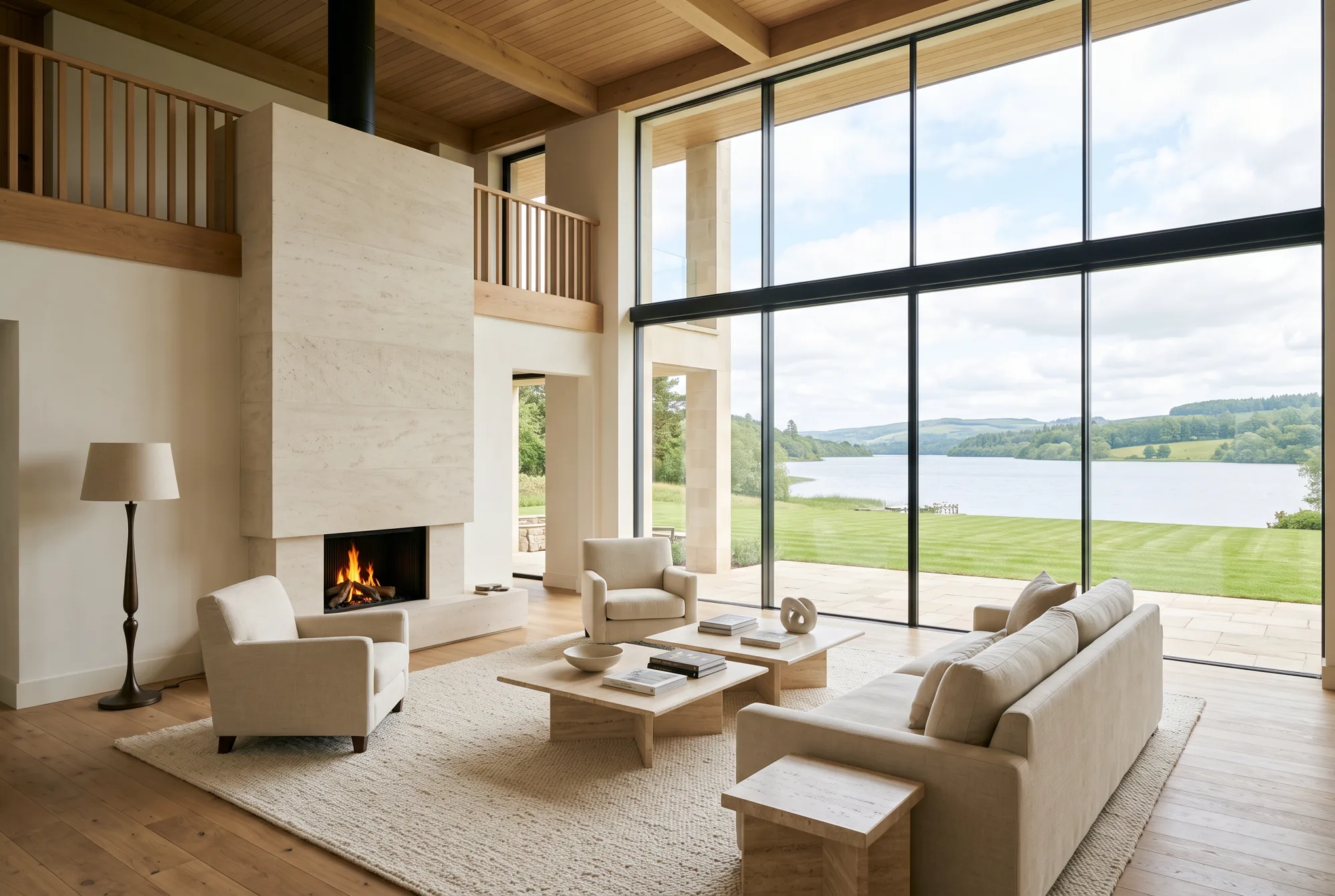Die Wohnhalle mit Kamin und Blick auf den See